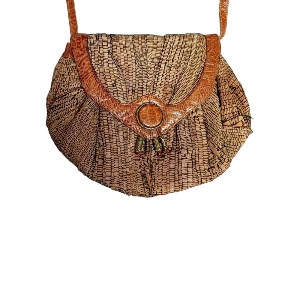 Sharif Vintage Boho Brown Reptile Embossed Leather Crossbody Suede Bag USA Made